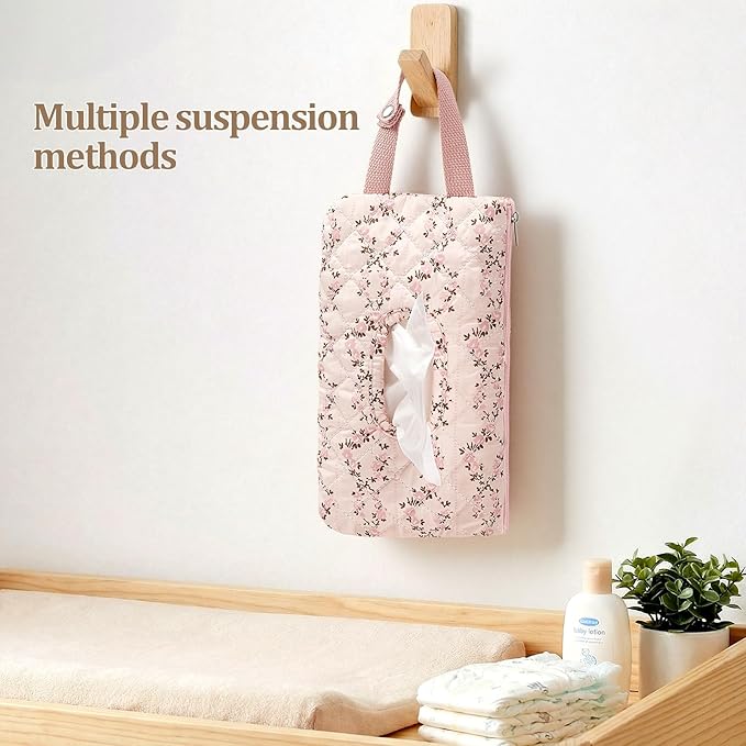Quilted Baby Diaper and Wipes Pouch Portable Mommy Bag for Stroller Reusable Wipes Pouch with Lanyard for Casual Travel (Pink Flower)
