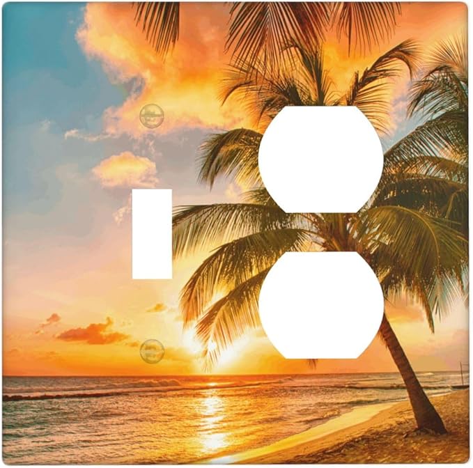 Decorative Outlet Covers Tropical Beach Ocean Palm Trees Hawaiian Sunset 2 Gang Wall Plate Single Toggle Duplex Light Switch Cover Switch Plate Covers Faceplate for Bedroom Decor