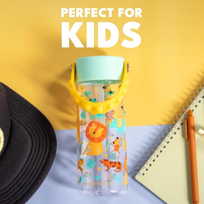 Elemental Water Bottles for Kids - Splash Kids Water Bottle for School with Pop-it Handle - BPA Free Tritan Plastic Water Bottle with Straw Leak Proof when Spout is Closed - Clear Jungle - 18oz