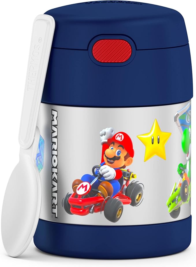 THERMOS FUNTAINER Insulated Food Jar, 10 Ounce, Kid Friendly Food Jar with Foldable Spoon, Mario Kart