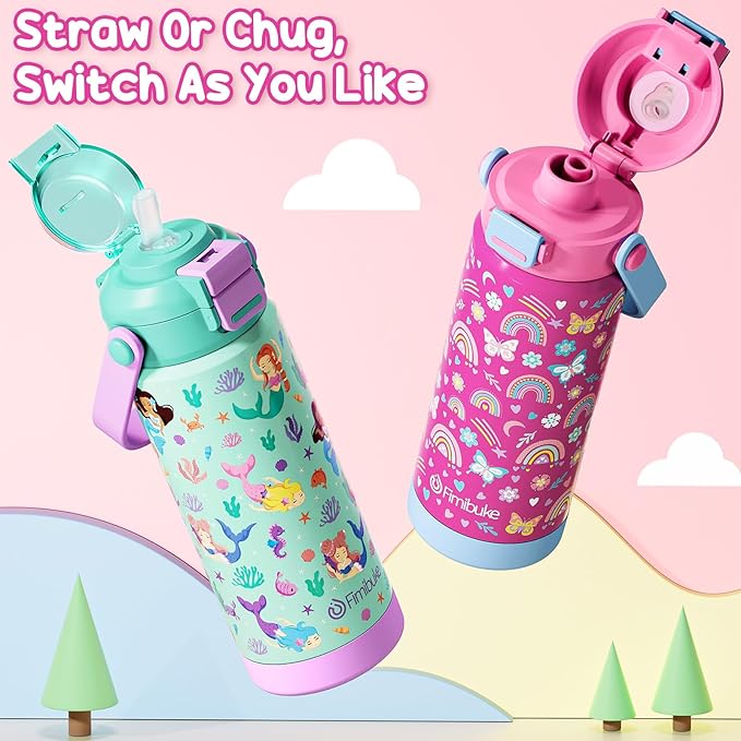 Fimibuke Kids Insulated Water Bottle with Pop-Open Straw & Spout 2-in-1 Lid, 18oz Leak Proof 18/8 Stainless Steel Vacuum Tumbler, BPA-Free Kids Cup For Travel School Boys Girls Toddler 2Packs Macaron
