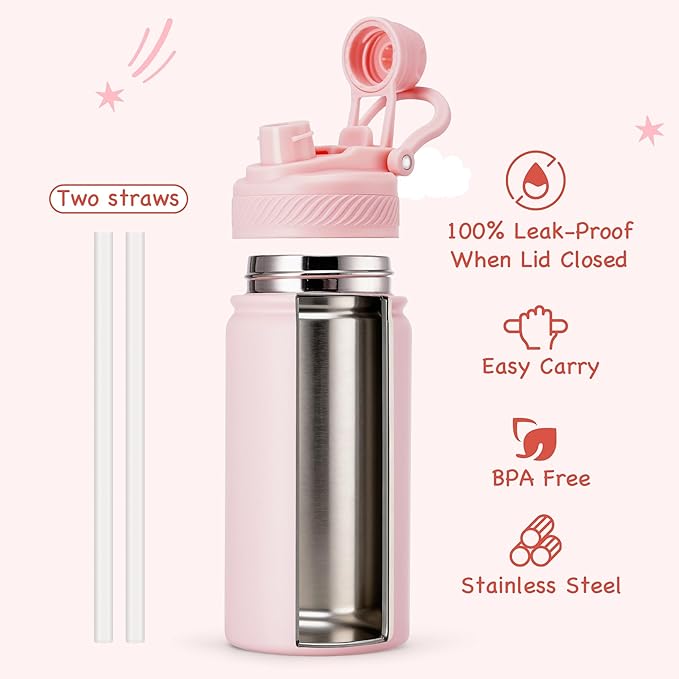 Fijinhom 12 oz Kids Water Bottle, 2-in-1 Stainless Steel Vacuum Insulated Water Bottle for Toddler, Leak Proof Spout & Straw, Double Wall Thermal Flask for Boys&Girls, School, Outdoor, Travel (Pink)