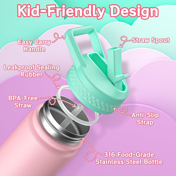 baab 20oz Kids Water Bottle, Insulated Water Bottle with Straw & Stickers, 18/8 Stainless Steel Vacuum Leakproof Kids Water Straw Cup for School, Perfect for Boy Girl (Pink+Purple, 2 Pack)
