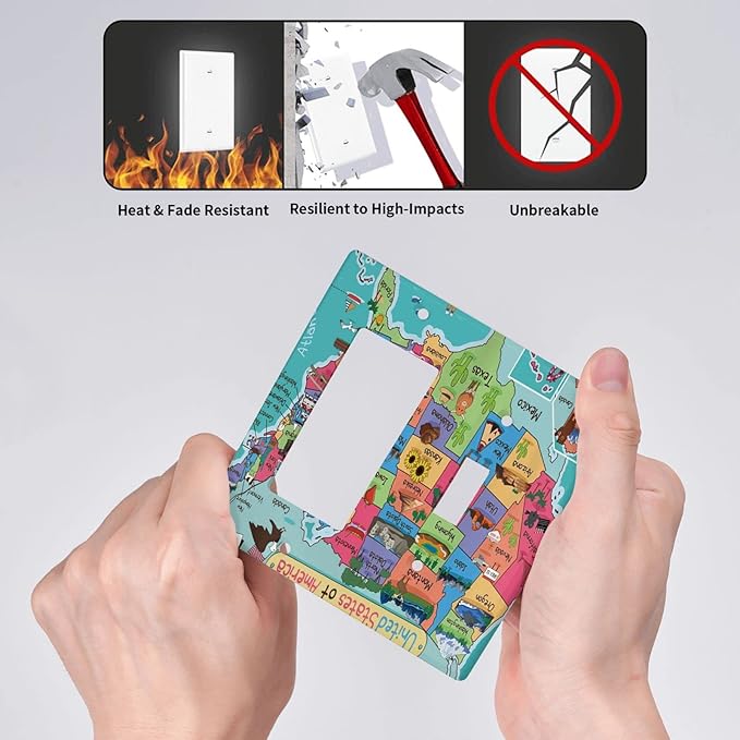 American Map 2 Gang Single Toggle/Rocker Combination Light Switch Cover Decorative Wall Plate Faceplate Boys Kids Teen Girl Bedroom Room Decorate 4.5" x 4.5