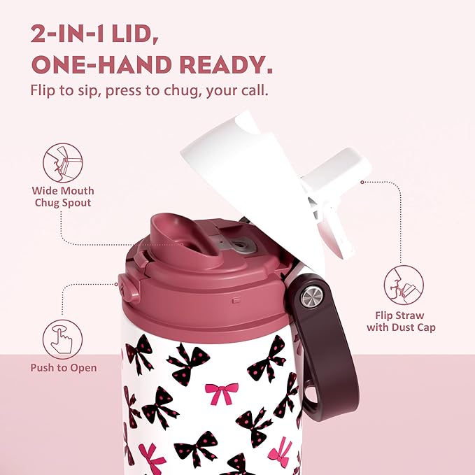 POWCAN 24 oz Insulated Water Bottle with Straw: 2-in-1 Push-Button Spout & Quick-Flip Straw, Leakproof, Cold 24Hrs, Fits Car Cup Holder, Stainless Sports Bottle for Gym, Travel Gift (Pretty in Bows)