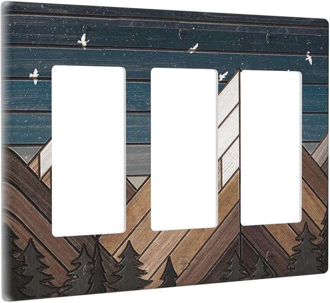 Rustic Geometric Mountain Wilderness Wood 3 Gang Wall Plate Triple Rocker Light Switch Cover Decorative Switch Plates Outlet Covers Electrical GFCI Faceplate for Bathroom Kitchen Art Decor Accessories