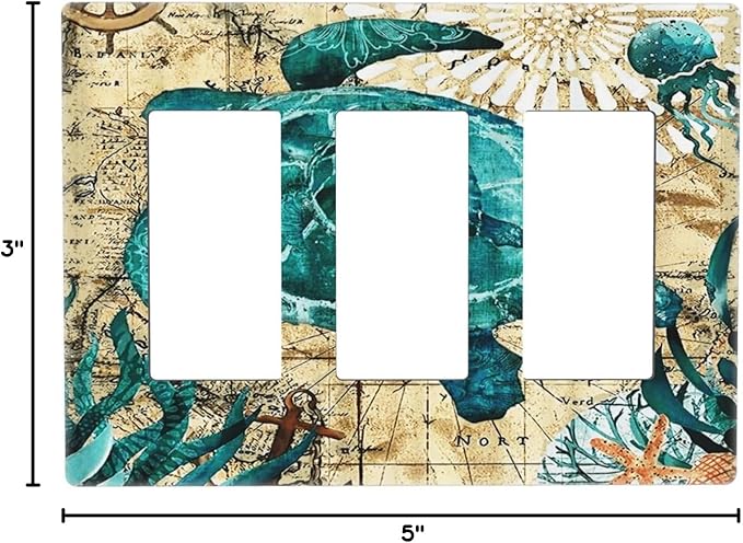 Nautical Ocean Map Tortoise Turtle 3 Gang Triple Rocker/Decora Light Switch Wall Plate Cover Decorative Electrical Faceplate Switchplate for Bathroom Living Room Decor
