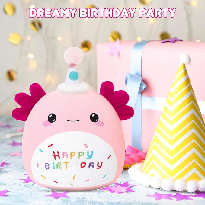 SQEQE Happy Birthday Axolotl Plush Axolotl Stuffed Animal Toy Pink Birthday Plushies Home Decor for Girls Boys Kids（8Inch