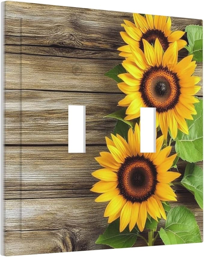 Decorative Switch Plates Sunflowers Rustic Wood 2 Gang Double Toggle Outlet Light Switch Cover Wall Plate Electrical Faceplate For Farmhouse Cabin Decor