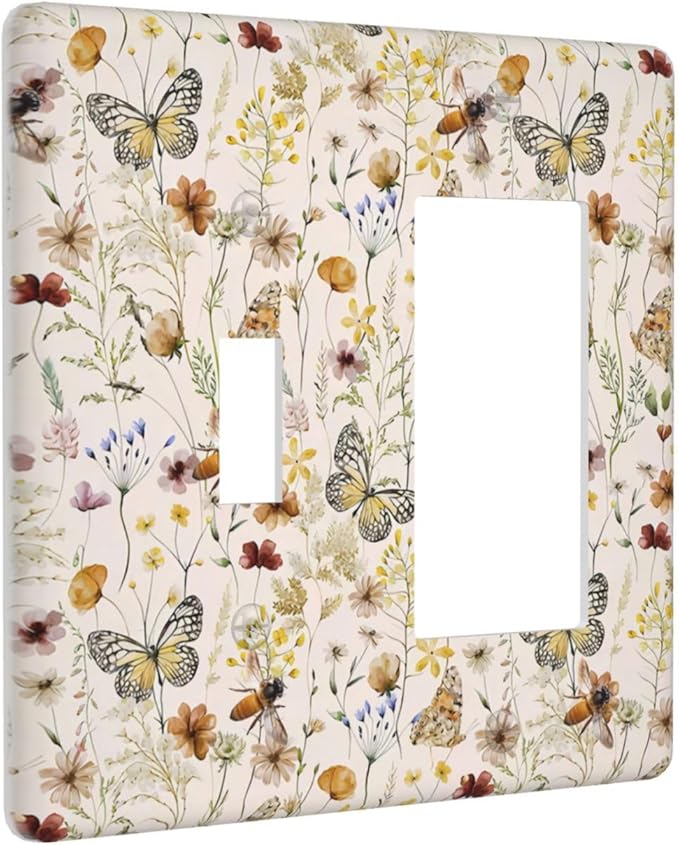 Vintage Butterflies 2 Gang Toggle Rocker Light Switch Cover Decorative Colorful Wildflower Combin Wall Plates Cute Bees Art Panel Beige Flower Leaves Dimmer Decor for Bedroom Kidroom