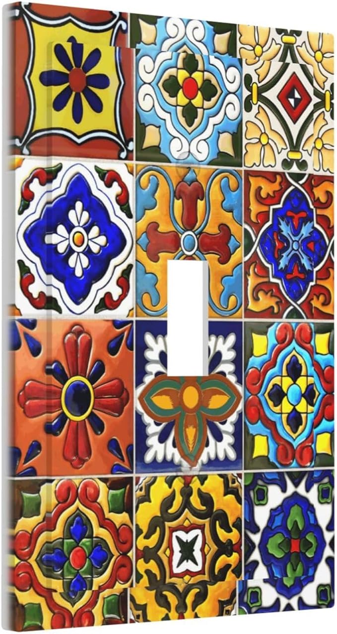 Vintage Colorful Boho Mexican Moroccan Tile Decorative Light Switch Cover 1 Gang Single Toggle Device Electrical Faceplate Switchplates Decorator Outlet Wall Plate for Farmhouse Home Decor