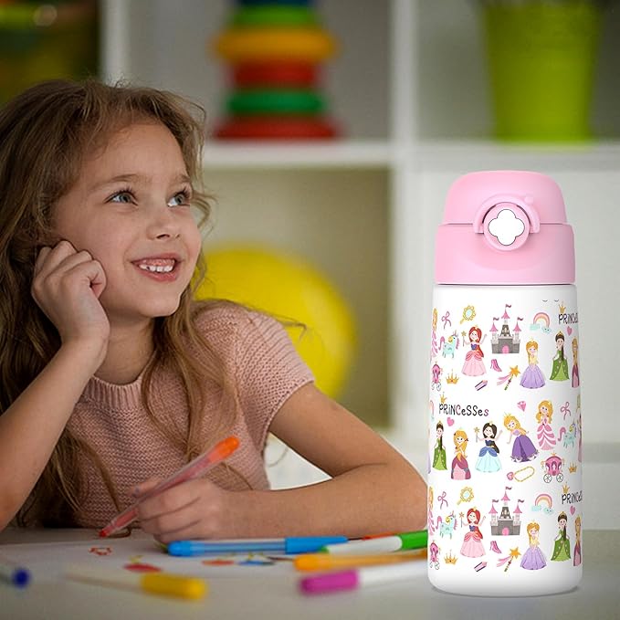 Girls Insulated Water Bottle with Covered Pop-Up Straw,16 oz Kids Cups with Stainless Steel Leak Proof for School（2 pack,Unicorn+Princess）