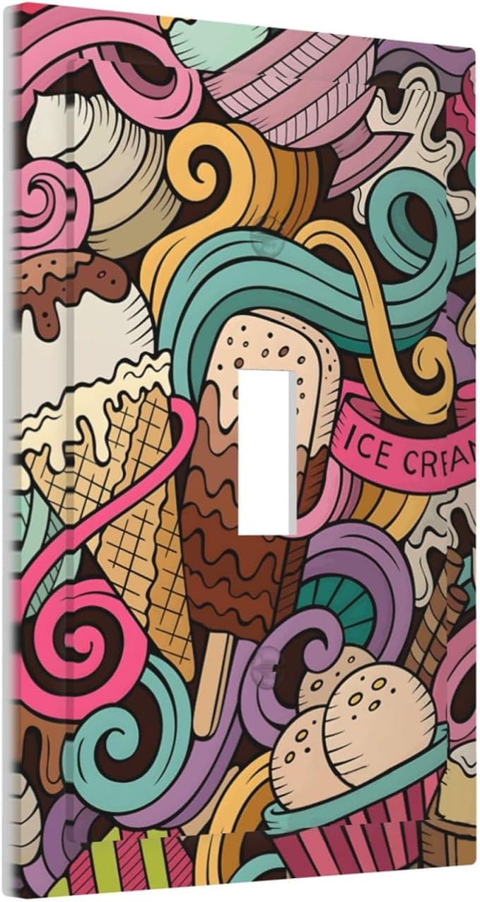 Cartoon Hand Drawn Ice Cream Doodles Colorful Print Decorative Light Switch Cover 1 Gang Single Toggle Device Electrical Faceplate Switchplates Decorator Outlet Wall Plate for Kids Room Nursery Decor