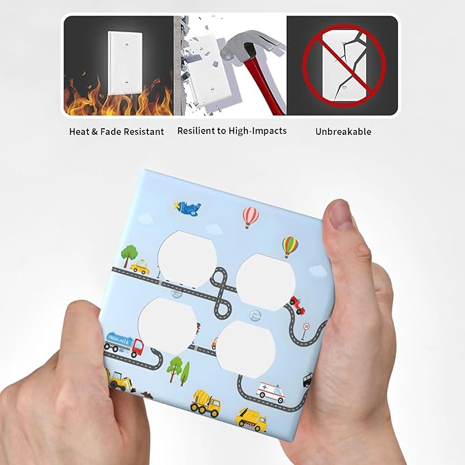Road Construction Car Truck Hot Air Balloon Outlet Covers 2 Gang Double Duplex Decorative Light Switch Covers Electrical Wallplates Socket Faceplate for Nursery Kids Room Decor