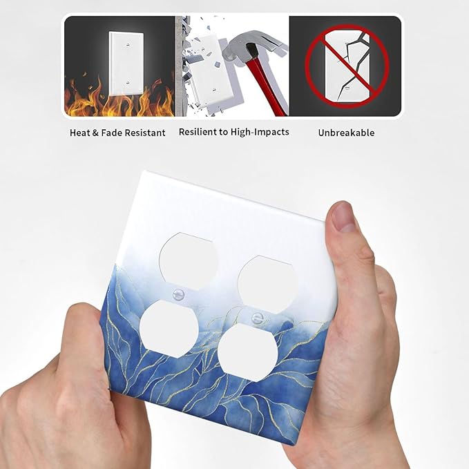 Decorative Light Switch Cover Plate Blue Gold Leaf Marble Modern Abstract 2 Gang Decorative Switch Plates 1 Toggle Duplex Combo Outlet Covers GFCI Plug Covers Wallplates for Kitchen Bathroom Decor
