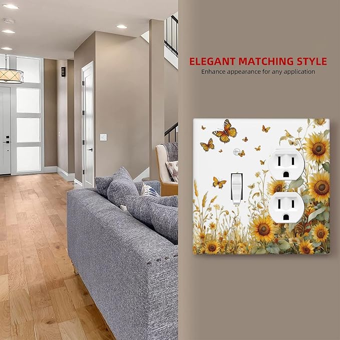 Sunflower Gold Wildflowers Summer Butterfly Wallplates 1 Toggle 1 Duplex Switch Plate Electrical GFCI Faceplate Decorative Light Switch Covers for Bedroom Living Room Decor