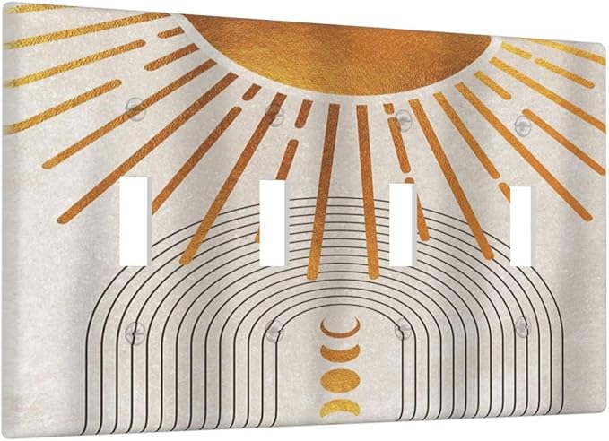 Mid Century Gold Sun Abstract Arch Boho Moon Quad Toggle Light Switch Covers Decorative Unique 4 Gang Wall Plate Electrical Faceplate Switchplate for Kitchen Bedroom Bathroom Decor