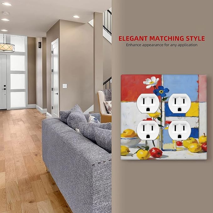 Color Block Floral Still Life Art Red Yellow Blue Abstract Outlet Covers 2 Gang Double Duplex Decorative Light Switch Covers Electrical Wallplates Socket Faceplate for Farmhouse Bedroom Decor