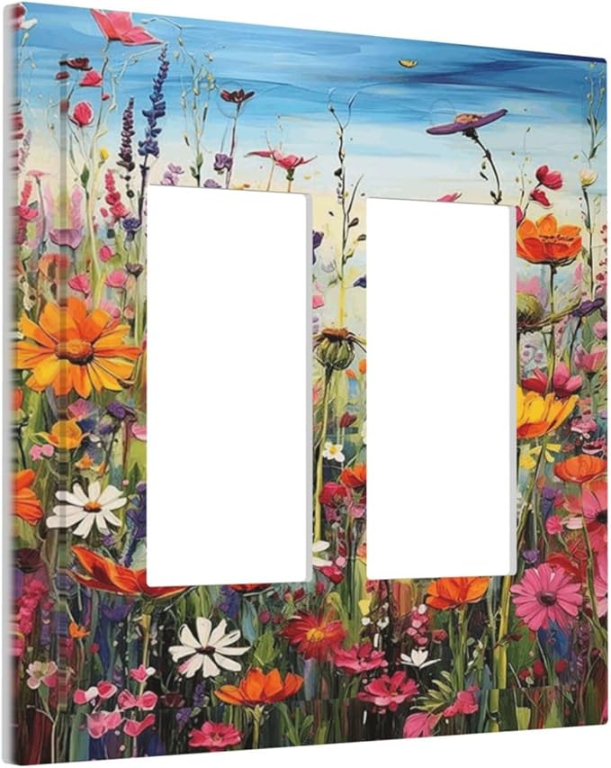 Colorful Wildflowers Painting Floral Flower Decorative Outlet Covers 2 Gang Double GFCI Rocker Electrical Wall Panels Light Switch Cover Plate for Bedroom Living Room Decor