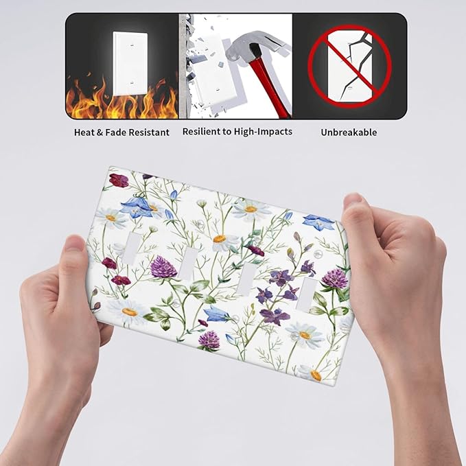Floral Boho Multicolor Flower Plant Leaves Light Switch Covers Quad Toggle Electrical Faceplate 4 Gang Wall Plate Decorative Switch Plates Cover for Bedroom Living Room Decor
