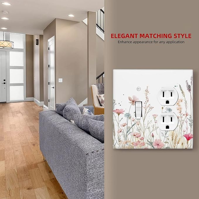 Watercolor Wildflower Pink Flower Plant Floral Wallplates 1 Toggle 1 Duplex Switch Plate Electrical GFCI Faceplate Decorative Light Switch Covers for Bedroom Living Room Decor