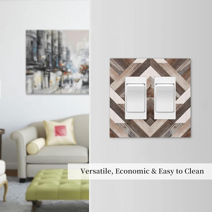 Polygon Collage Abstract Shapes Rustic Wood Panel Print Decorative Outlet Covers 2 Gang Double GFCI Rocker Electrical Wall Panels Light Switch Cover Plate for Farmhouse Bedroom Decor