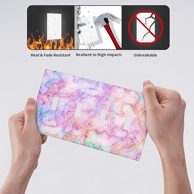 Decorative Switch Plate Covers Cute Marble Texture 4 Gang Device Light Switch Cover Pink Purple Gold Abstract Quad Toggle Wall Plate Electrical Faceplate for Kids Girls Nursery Bedroom Home Decor
