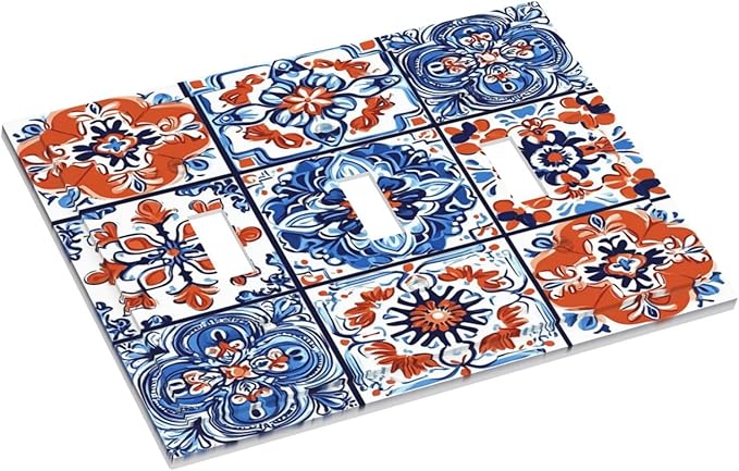 Decorative Switch Plates Colorful Talavera Mexican Tile 3 Gang Wall Plate Triple Toggle Light Switch Cover Faceplate Electrical Wall Panels For Bathroom Kitchen Decor