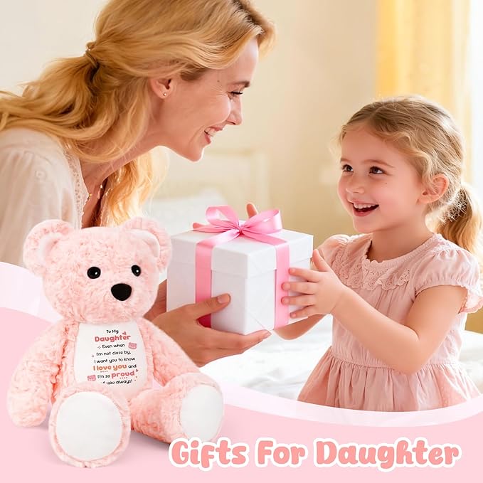 to My Daughter Teddy Bear Plush Toy, Daughter Gifts from Mom Dad, Soft Stuffed Animal with Positive Affirmation Message, Mothers Day Birthday Graduation Gifts for Daughter Women Kids 15" (Pink Curly)
