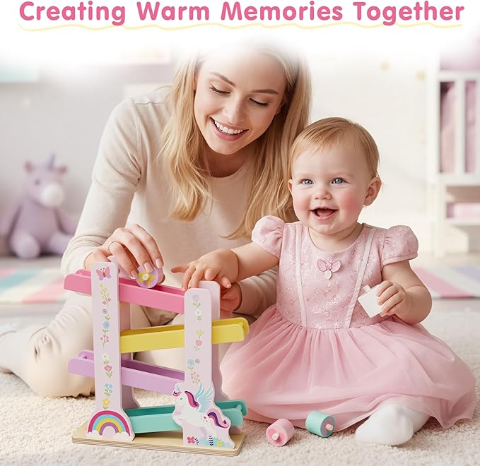 Lehoo Castle Wooden Car Ramp Toys for 1 Year Old Girl Birthday Gifts, Unicorn Montessori Toys for One Year Old, Wooden Race Track with 4 Rollers Toddler Toys for 2 Year Old Girl