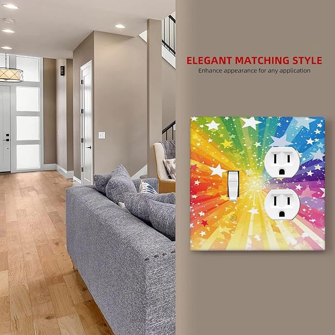 Light Switch Cover Plate Rainbowcolored Rays With White Stars 2 Gang Decorative Switch Plates 1 Toggle Duplex Combo Outlet Covers GFCI Wall Plates for Nursery Home Decor