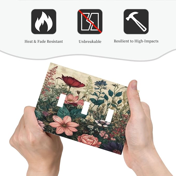 Decorative Light Switch Cover Rustic Wildflower Red Floral Green Plant 3 Gang Wall Plate Oversized Triple Toggle Switch Jumbo Electrical Face