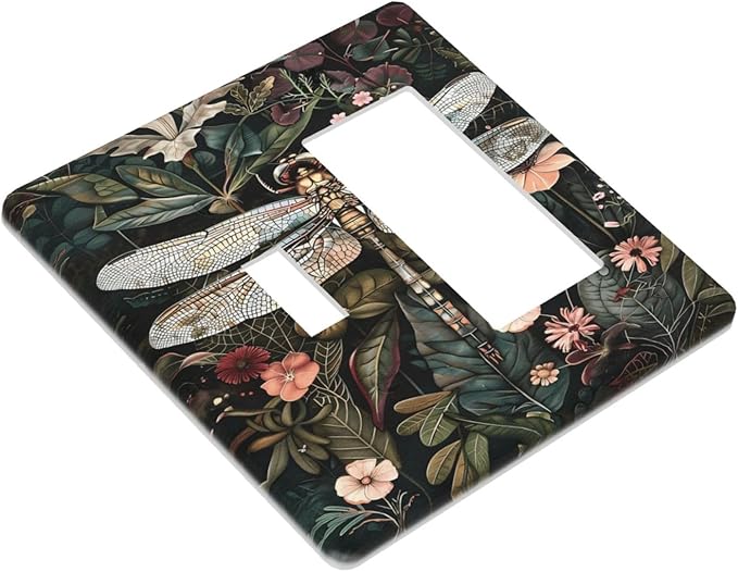 Vintage Dark Green Dragonfly Flowers Floral Botanical Outlet Covers 1 Toggle 1 Rocker Combination Decorative Wall Plate Electrical Switch Plates Light Switch Cover Plate for Farmhouse Home Decor