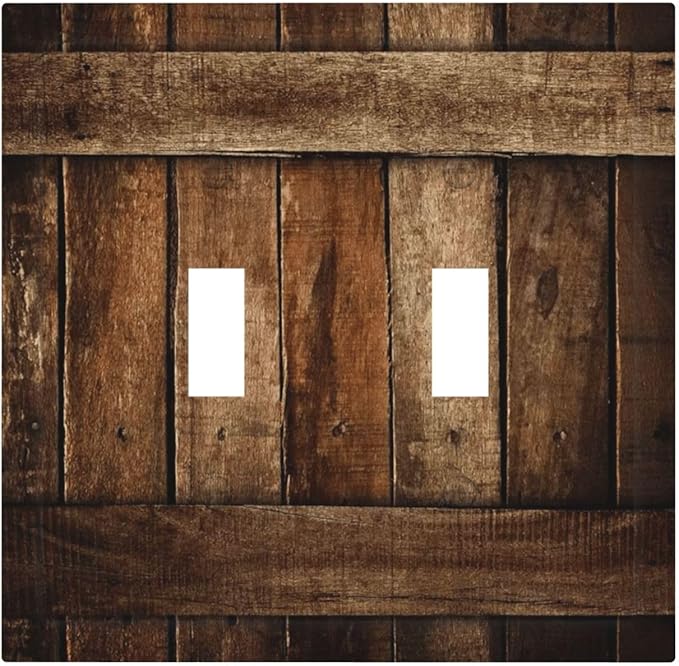 Brown Wooden Barn Door Old Wood Print Decorative Switch Plates 2 Gang Double Toggle Outlet Light Switch Cover Wall Plate Electrical Faceplate for Farmhouse Home Decor