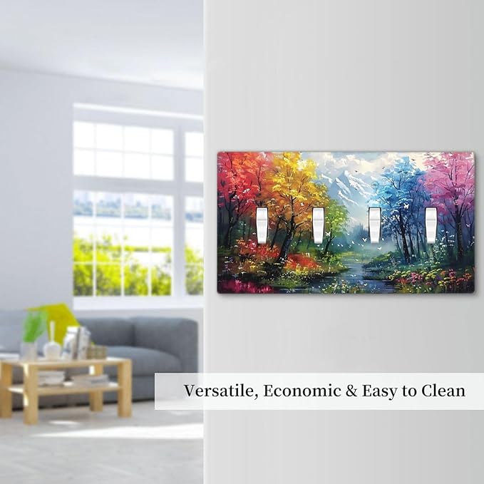 Colorful Forest Snow Mountain River Oil Painting Style Light Switch Covers Quad Toggle Electrical Faceplate 4 Gang Wall Plate Decorative Switch Plates Cover for Bedroom Living Room Decor