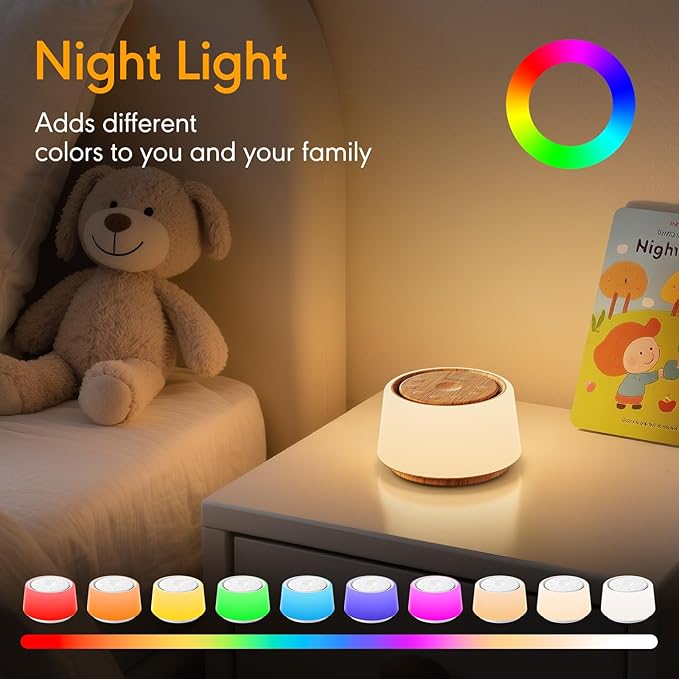 White Noise Machine with Night Light, 30 Soothing Sounds Portable Sound Machine for Baby and Adults, 10 Color Night Light, 5 Timer Options, Memory Function,Compact for Travel (Wood Grain)