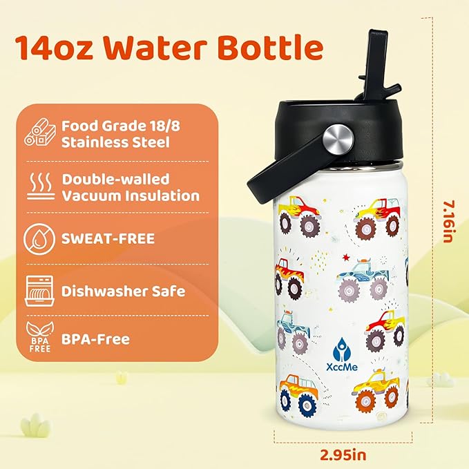 14oz Truck Kids Water Bottle With Straw Lid,Insulated Double Wall Leak Proof & BPA-Free Kids Water Bottle,Stainless Steel Tumbler for Toddlers,Metal Bottle for School Boys Girls