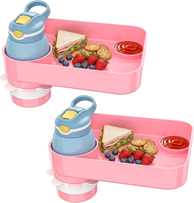 Kids Car Seat Tray, Travel Tray with Cup Holder for Toddler Baby, Kids Car Seat Food Snack Organizer for Road Trip, Stroller Snack Organizer Travel Must Haves Toddler Must Haves (Pink, 2 Packs)