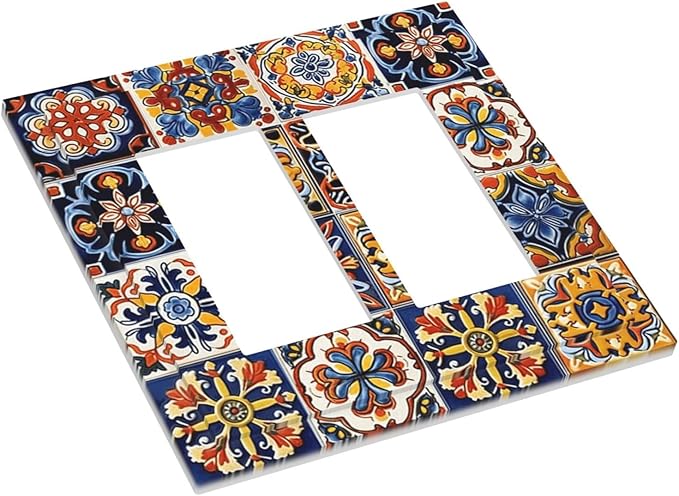 Mexican Talavera Tiles Flower Vintage Decorative Outlet Covers 2 Gang Double GFCI Rocker Electrical Wall Panels Light Switch Cover Plate for Kitchen Bathroom Decor