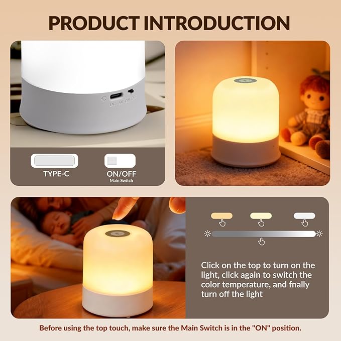Portable Baby Night Light, 3 Color Egg Lights for Nursery, 2400mAh, Small Rechargeable LED Lamp, Dimmable Touch Nightlight for Newborn, Toddler, Kids, Adults