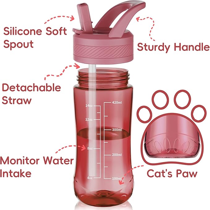 Kids Clear Water Bottle 14oz Flip with Straw Carry Handle, Leakproof, Reusable, Tritan, BPA Free, Suitable for Boys and Girls, Red