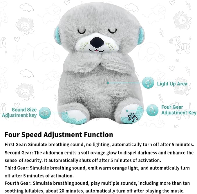 rytopt Breathing Stuffed Animal, No Breathing Movement in Its Abdomen, Simulated Breathing Sounds, 4 Gear Adjustment, Volume Control, Plush Toy with Music & Light