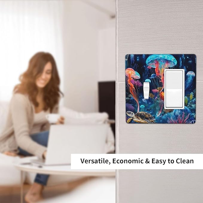 Jellyfish Sea Turtle Fantasy Ocean Coral Underwater World Outlet Covers 1 Toggle 1 Rocker Combination Decorative Wall Plate Electrical Switch Plates Light Switch Cover Plate for Nursery Kids Room