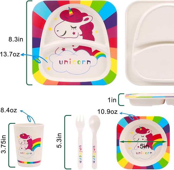 Kids Dinnerware Set, 5-Pieces Includes Divided Plate Bowl Cup Fork Spoon Utensils, BPA Free Bamboo Fiber Material Perfect for Girls (Unicorn)