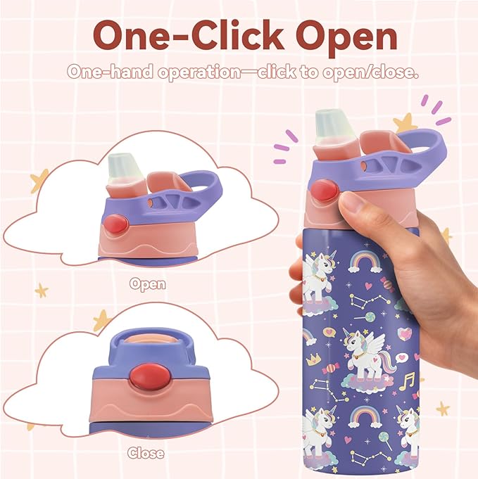 12oz Girl Water Bottle with Straw Lid & Handle - Unicorn Leak Proof Water Bottles Kids, Double-Wall Stainless Steel Pop-top Lid Purple Kids Insulated Bottles for School, Gift Cup for Kid