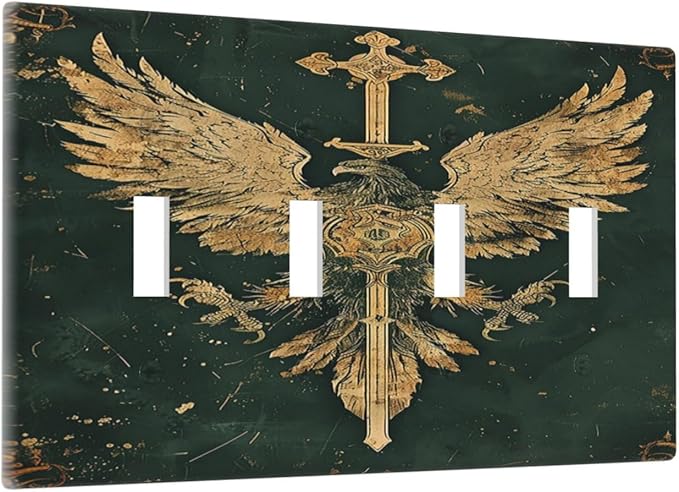 Medieval Retro Golden Eagle Totem Light Switch Covers Quad Toggle 4 Gang Wall Plate Decorative Switch Plates Electrical Faceplate for Bedroom Living Room Decor