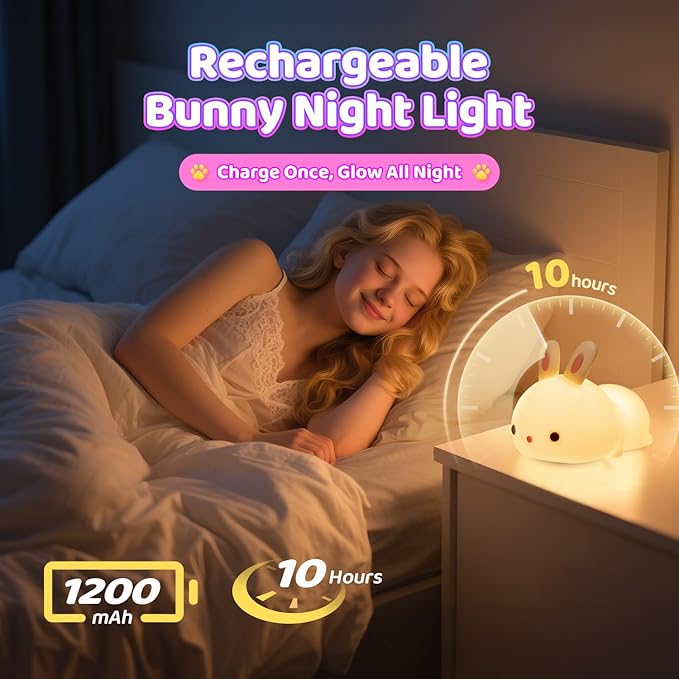 One Fire Night Light for Kids Bunny Toys, 16 Colors Squishy Bunny Lamp, Soft Silicone Bunnies Stuff,1200mah Dimmable Bunnies Cute Lamp Baby Night Light,Kawaii Room Decor Birthday Gifts for Kids Girls
