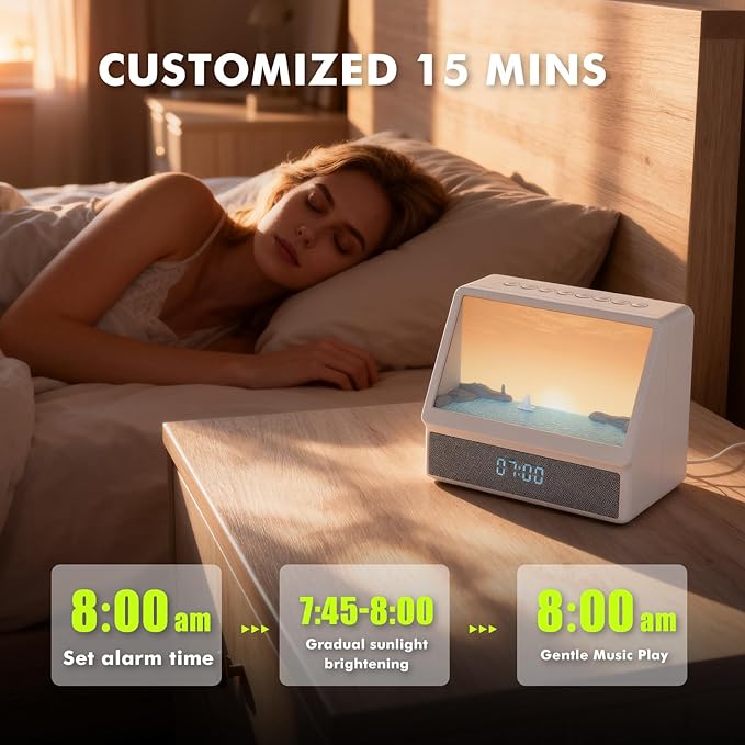 Flymiro Sunrise Alarm Clock, White Noise Machine Lamp, Wake Up Light with 12 Sounds, Sleep Aid,Dimmable Clock for Adults Kids Bedroom,Bluetooth Speaker