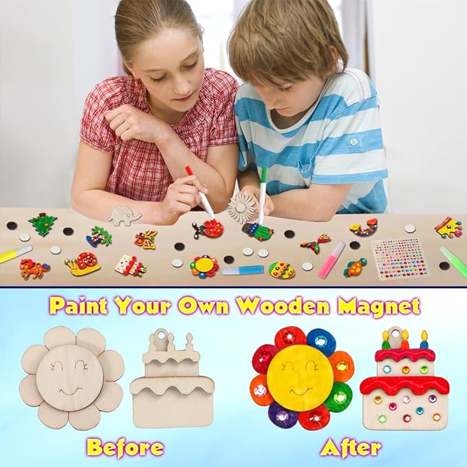 GWAHSA 30pcs DIY Wooden Magnets, Glow in The Dark Wooden Art Craft Supplies Painting Kit for Kids Activities Party Favors for Boys Girls Ages 4-8 8-12 Birthday Gifts Toys Pinata Goodie Bags Stuffers