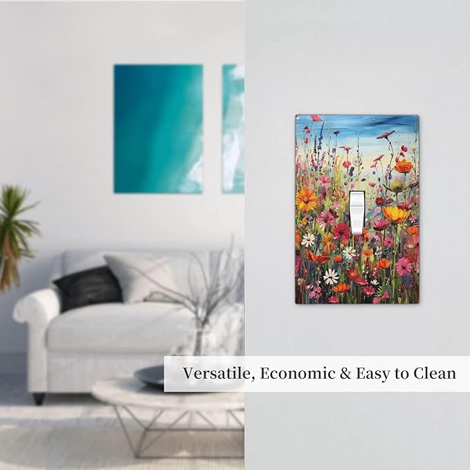 Colorful Wildflowers Painting Floral Flower Decorative Light Switch Cover 1 Gang Single Toggle Device Electrical Faceplate Switchplates Decorator Outlet Wall Plate for Bedroom Living Room Decor